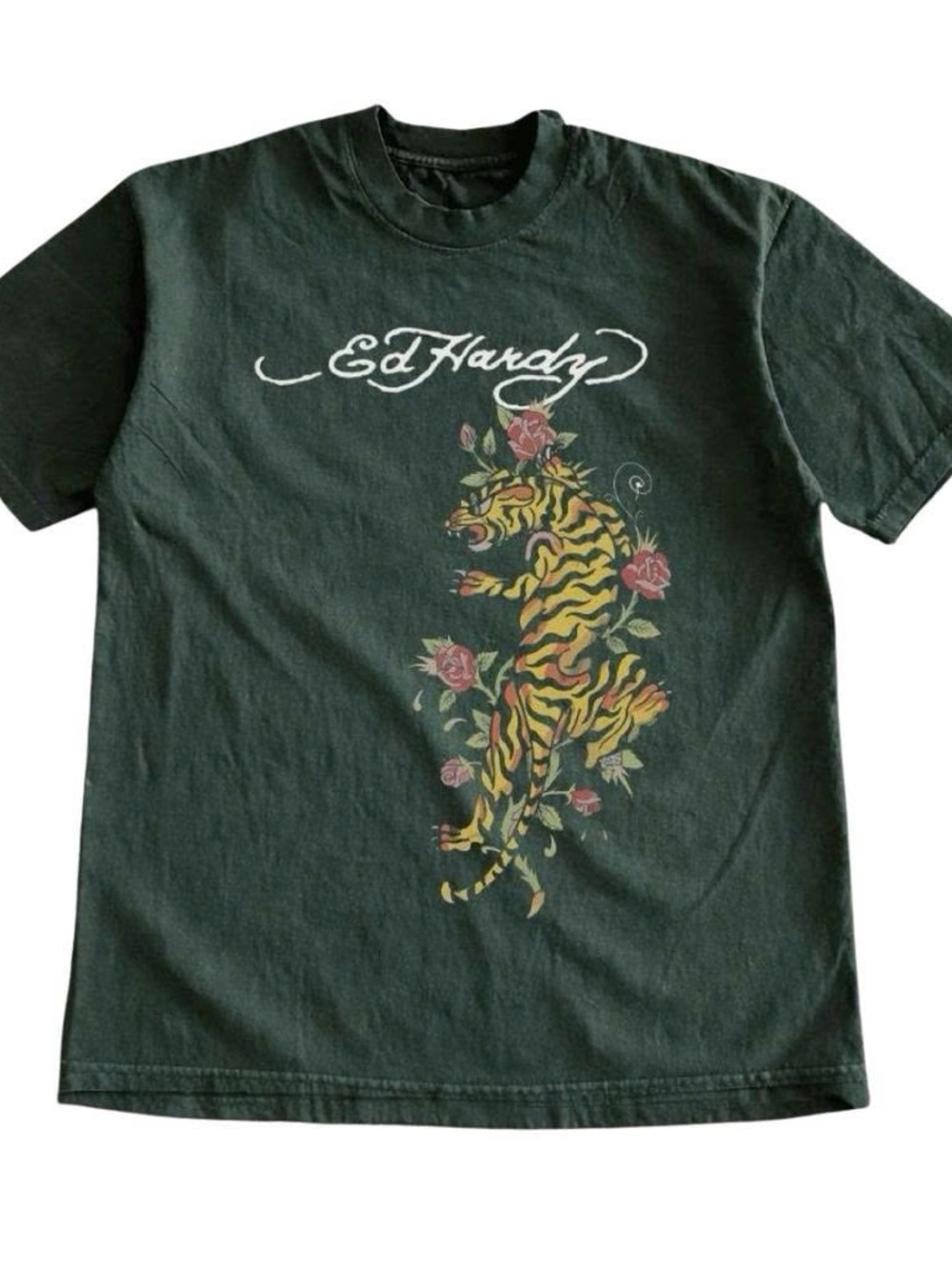 Dark Green Tee with Yellow Tiger and Pink Roses